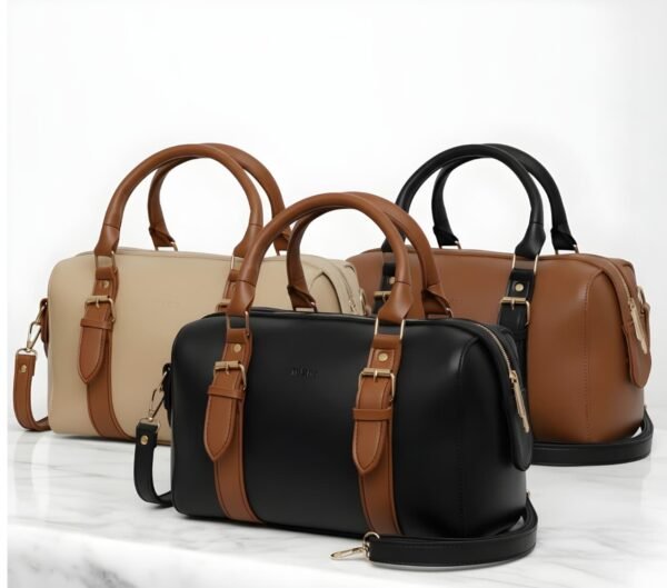 Beige and tan satchel bag for women with shoulder strap