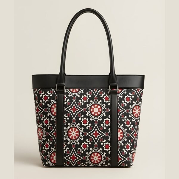 women's printed tote bag black and red geometric design